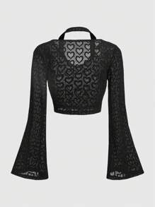 ROMWE Fairycore Của phụ nữ Love Hình trái tim Halterneck Tay áo loe Áo thun - màu đen - Xem 2