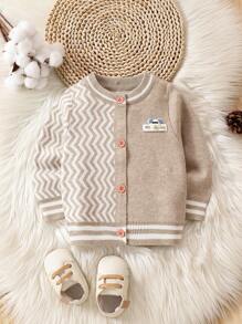 Baby Boy Chevron & Cartoon Pattern Striped Trim Cardigan - Khaki - View 1