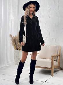 SHEIN LUNE 女式時尚簡約黑色襯衫領連身裙 - 黑色 - 查看 3