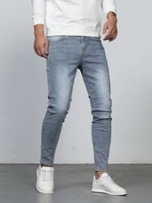 Manfinity Homme Men Cotton Bleach Wash Skinny Jeans Slim Fit Long Acid Dark Jean Cargo Plain Blue Work Business Casual Husband - Light Wash - View 8