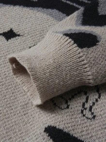 Manfinity Hypemode Nam Họa tiết Hình học Vòng cổ Áo len - Màu Khaki - Xem 4