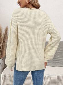 SHEIN LUNE Solid Color Notched Neckline Drop Shoulder Knit Pullover Fall Winter Sweater - Apricot - View 2