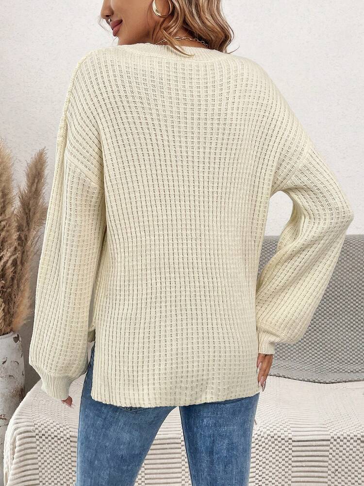 Solid Color Notched Neckline Drop Shoulder Knit Pullover Fall Winter Sweater