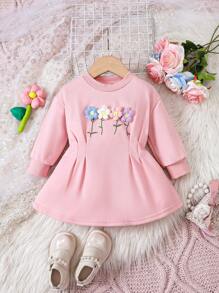 Trẻ sơ sinh Cô gái Dễ thương Mô hình hoa Màu hồng Tay áo dài Đầm - Hồng - Xem 1