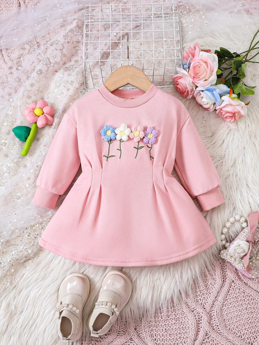 Trẻ sơ sinh Cô gái Dễ thương Mô hình hoa Màu hồng Tay áo dài Đầm - Hồng - Xem 1