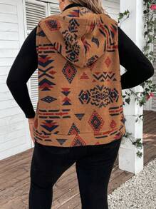 EMERY ROSE 女士大尺寸幾何圖案拉鍊無袖連帽夾克 - 卡其色 - 查看 2