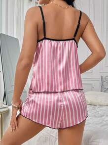 SHEIN 女士撞色蕾丝条纹吊带上衣和短裤睡衣套装 - 粉色 - 查看 2