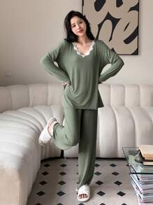 Women's Pajama Set, Back To School Clothes, Fall Winter Clothes - Green - View 4