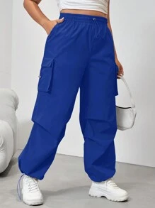 SHEIN EZwear 女裝大碼純色束腰寬腿褲 - 寶藍色 - 查看 3
