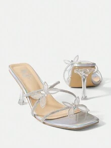 CUCCOO SZL Sandalias De Tacón Estilo Mulé Con Decoración De Mariposa Y Pedrería - Plateado - Ver 7