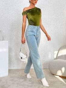 SHEIN Privé Women's Asymmetrical Collar & Pleated Detail Top - Green - View 6