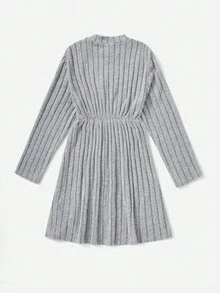 SHEIN 女大童刺繡字母圖案小高領條紋針織洋裝 - 灰色 - 查看 2