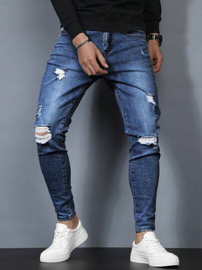 Manfinity Homme Men's Skinny Washeded Distressed Denim Jeans