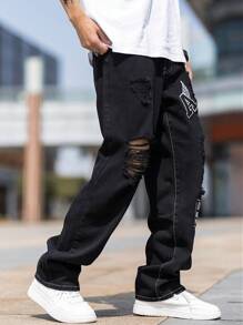 Manfinity Roghcode Men Cotton Cartoon Letter Patched Ripped Jeans Baggy Long Frayed Jean Cargo Plain Black Party Street Wear Rapper - Black - View 3