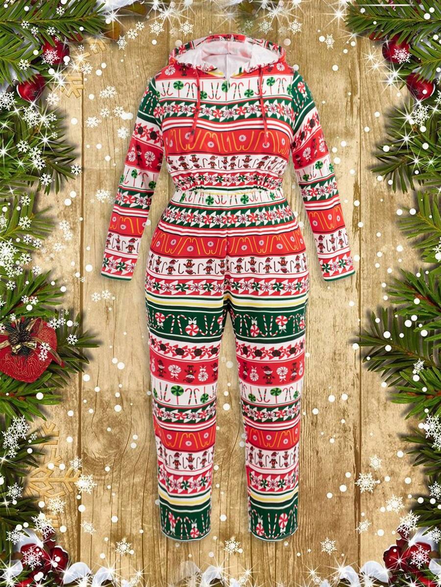 Flirla Hơn In Giáng sinh Dây rút áo có mũ Áo liền quần - Nhiều màu - Xem 1