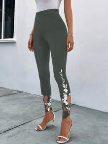 SHEIN Clasi 女士花卉圖案長打底褲 - 軍綠色 - 查看 6