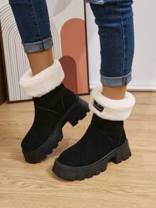 女新款黑色絨布防滑雪靴歐美韓時尚款冬季戶外防冷保暖靴子短靴機車靴毛皮靴 - 黑色 - 查看 6
