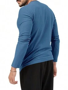 男士秋季寬鬆套頭圓領長袖 T 卹 - 藍色 - 查看 2