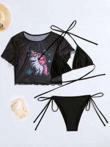 SHEIN Swim Summer Cartoon Pattern Mesh Three-Piece Set - Black - View 3