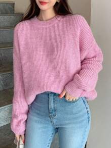 DAZY Áo len cổ tròn tay trễ vai màu trơn, áo dài tay mùa thu - Hồng - Xem 6