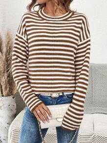 SHEIN LUNE 条纹图案落肩针织套头衫秋冬毛衣 - 杏色 - 查看 1