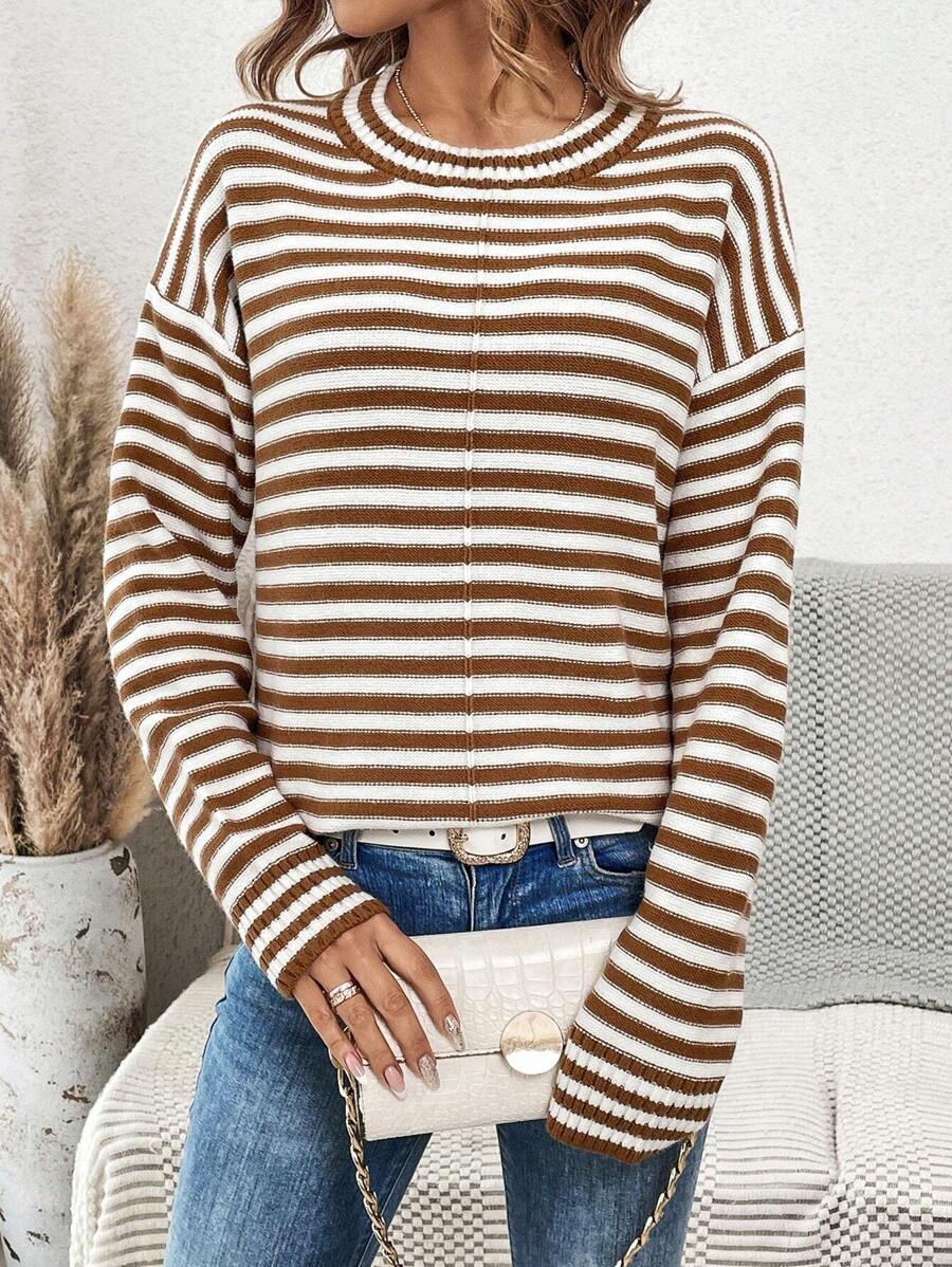 SHEIN LUNE 条纹图案落肩针织套头衫秋冬毛衣 - 杏色 - 查看 1