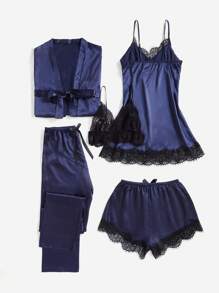 5pcs/Set Lace Splice Pajama Set - Navy Blue - View 2