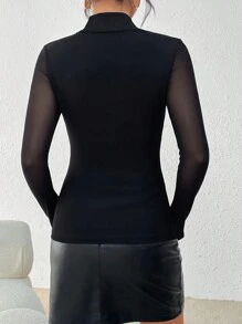 SHEIN Privé 女性翻領仿珍珠裝飾的網紗T恤 - 黑色 - 查看 2