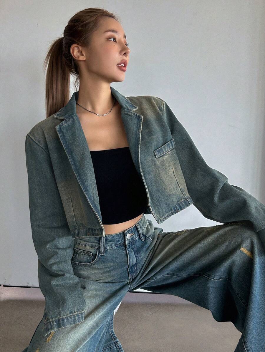 Dazy Star Women'S Drop Shoulder Water Wash Denim Jacket With Open Front - Medium Wash - View 1