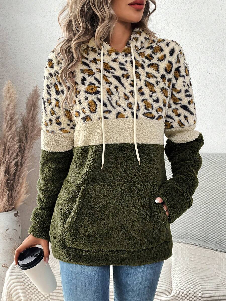 SHEIN LUNE 女性豹紋印花連帽衛衣帶拉繩 - 彩色 - 查看 1