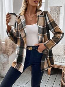 SHEIN LUNE 女士格紋翻領西裝外套 - 卡其色 - 查看 3