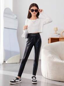 SHEIN 適合青少女穿著的Pu皮高腰休閒街頭打底褲 - 黑色 - 查看 5