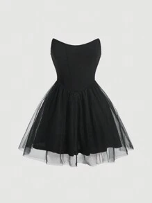 SHEIN MOD Solid Contrast Mesh Flare Hem Tube Dress - Black - View 1