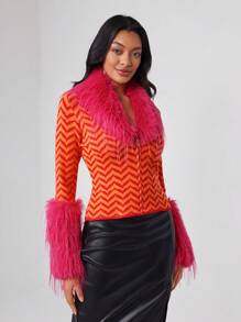 Blank 设计师 V 形图案毛绒装饰毛衣，适合秋冬季、假期、节日 - 彩色 - 查看 5