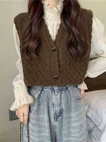 貝殼邊前紐扣麻花編織背心