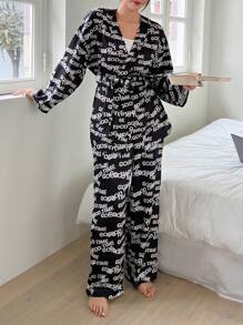 DAZY 1pc Letter Graphic Belted Robe and 1pc Pants PJ Set - Black and White - View 5