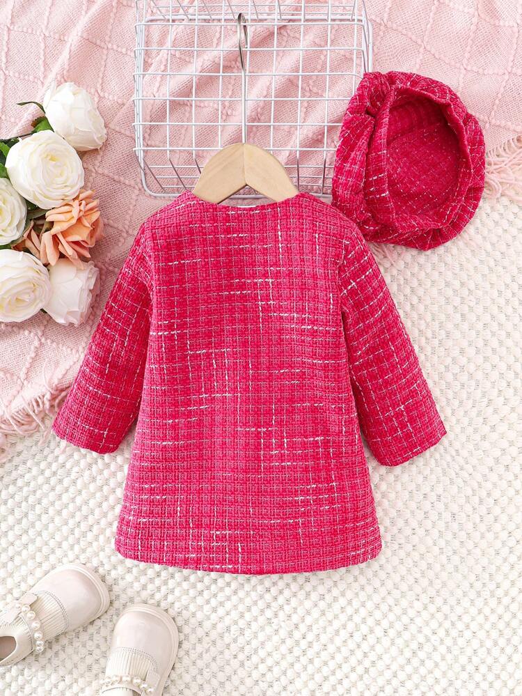Baby Girl's Bowknot Decor Thick Woolen Coat And Beret Set