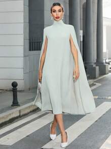 SHEIN Privé High Neck Cloak Sleeve Dress Without Belt - Apricot - View 6