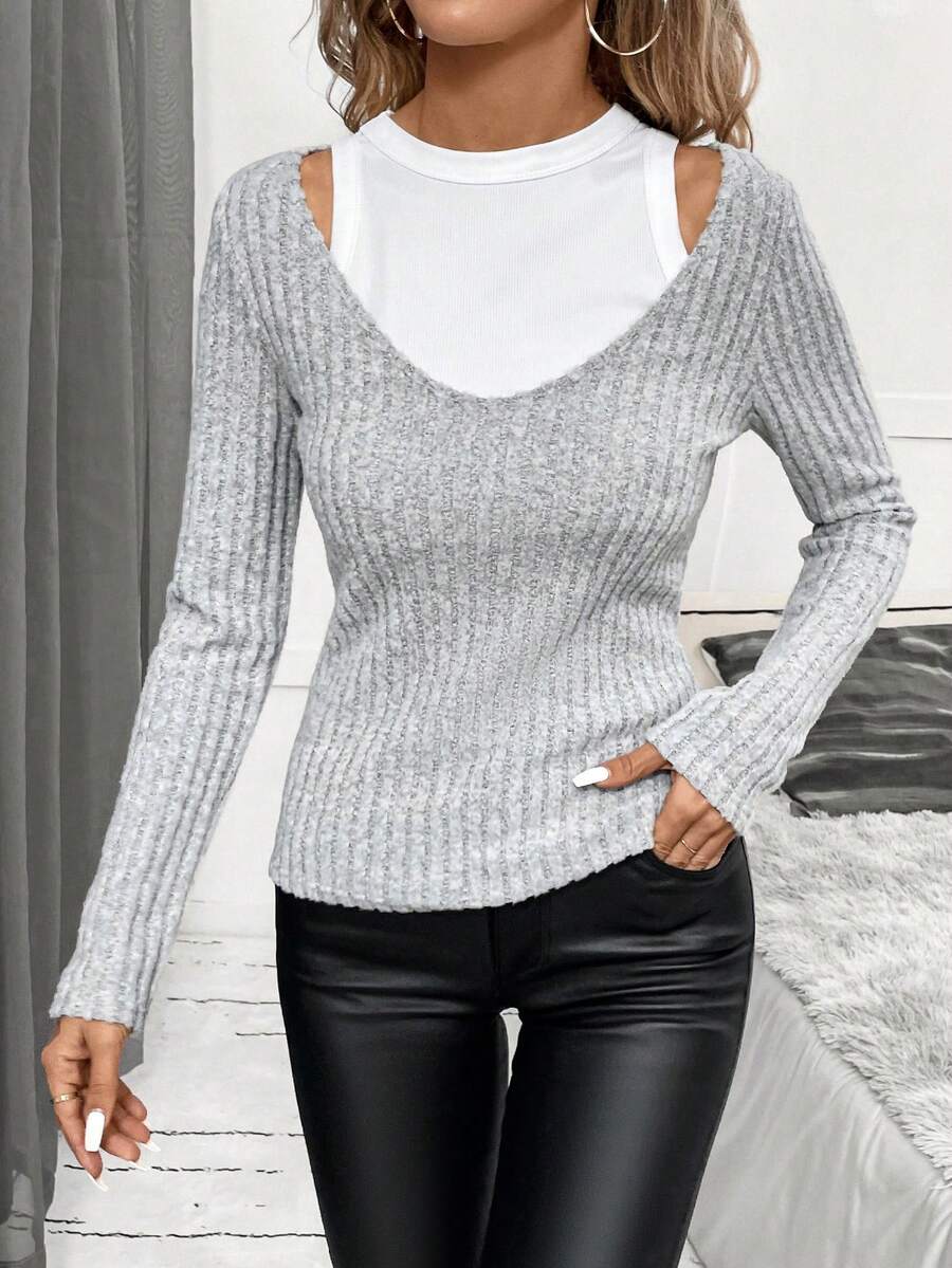 SHEIN Clasi Panel Tương phản Cắt ra Áo thun - Xám - Xem 1