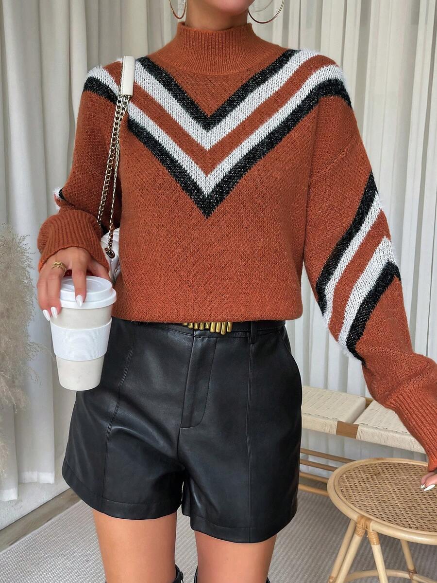 SHEIN LUNE Chevron Pattern Mock Neck Drop Shoulder Sweater - Brown - View 1