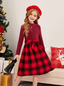 SHEIN Tween 女孩格子印花束帶連身裙 - 酒紅色 - 查看 4