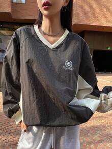 DAZY 拼色圖案連帽長款卫衣，設有斜肩袖 - 灰色 - 查看 4