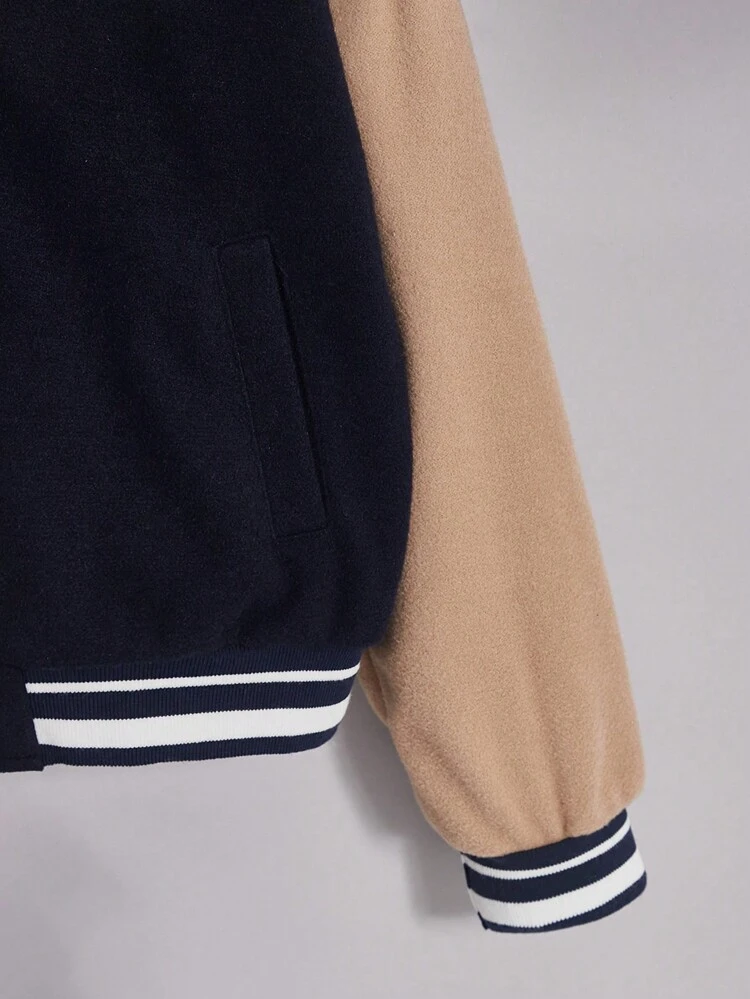 Girls' Dark Blue Color Blocking Khaki Coat With Slogan Embroidery, Patch And Decorative Weaving For Winter, For Tween Girls