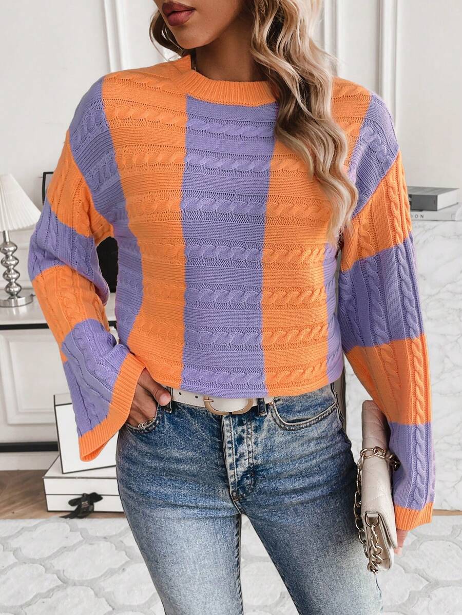 Chiquease Two Tone Cable Knit Drop Shoulder Knit Pullover Fall Winter Sweater - White - View 1