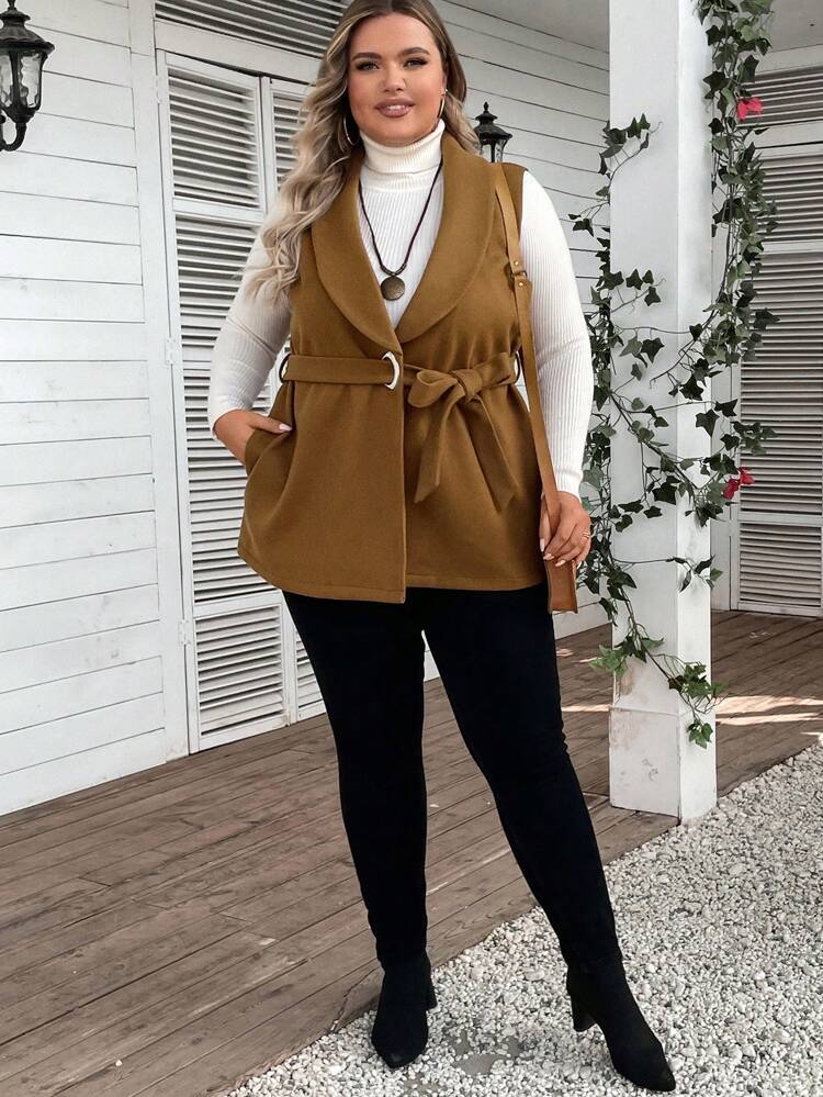 Plus Shawl Collar Belted Vest Overcoat