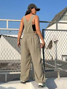 SHEIN EZwear Talla grande Mono overol de cintura con cordón con bolsillo con solapa sin top tubo - Verde militar - Ver 2
