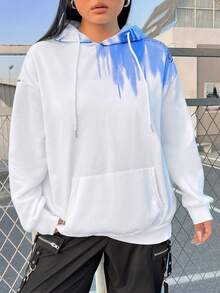 SHEIN Coolane 加大码抽绳卫衣，印有表情符号并采用扎染工艺 - 白色 - 查看 2