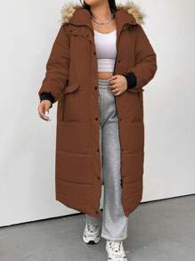 Flirla Abrigo acolchado con capucha de talla grande para invierno - Marrón - Ver 1
