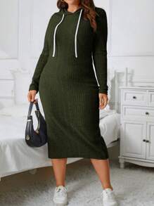 SHEIN Essnce Plus Size Ribbed Knit Drawstring Sweatshirt Dress - Green - View 1