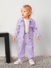 SHEIN Bebé niña Cazadora oso & con bordado de slogan con diseño de solapa con pantalones - Púrpura malva - Ver 2